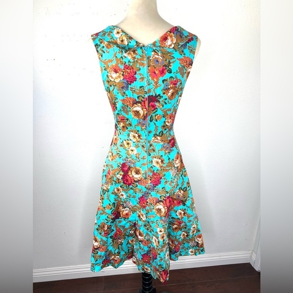 LINDY BOP Ophelia Turquoise Floral Print Swing Dress Midi Fit & Flare Size XS - Picture 5 of 14